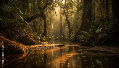 Tranquil scene of a tropical rainforest generated by AI