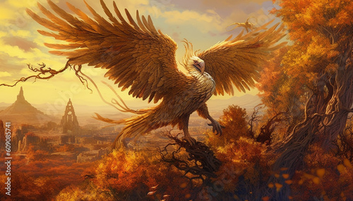 sunset in the forest with phoenix bird generative art