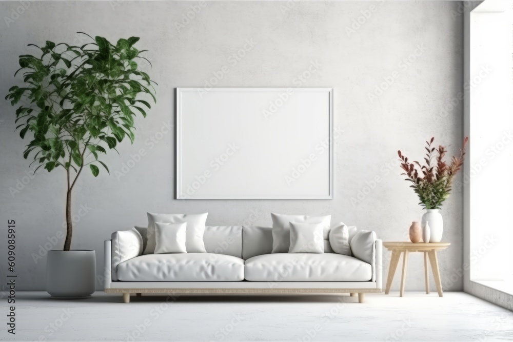 Mock-up frame in modern home and white interior with sofa, fur, table and branch. Generative AI Mock-up frame in modern home and white interior with sofa, fur, table and branch. Generative AI