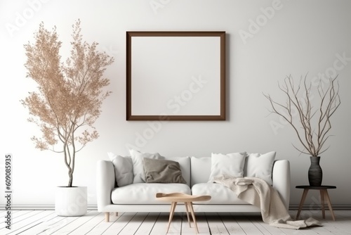 Mock-up frame in modern home and white interior with sofa  fur  table and branch. Generative AI