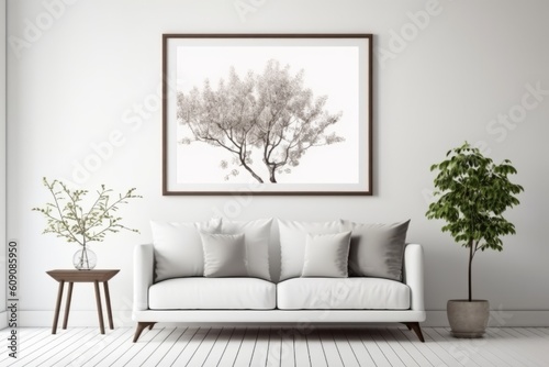 Mock-up frame in modern home and white interior with sofa, fur, table and branch. Generative AI © PrusarooYakk