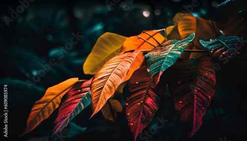 Vibrant autumn leaf pattern on defocused forest background generated by AI © Jeronimo Ramos