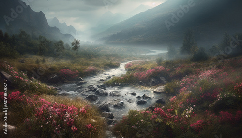 landscape with fog and red flowers generative art