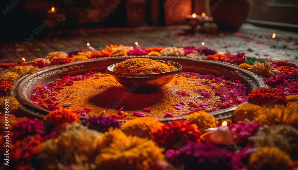 Om symbol glows on diya at ceremony generated by AI Om symbol glows on diya at ceremony generated by AI