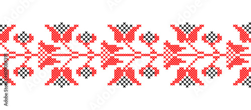 Ukrainian floral pattern in red and black colors. Vector ornament, border, pattern. Ukrainian folk, ethnic floral embroidery. Pixel art, vyshyvanka, cross stitch