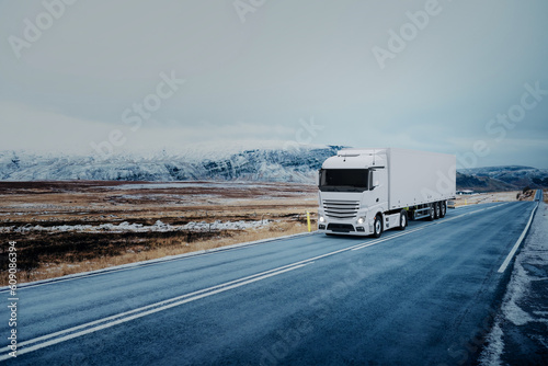 Semi-Truck driving on a nordic road