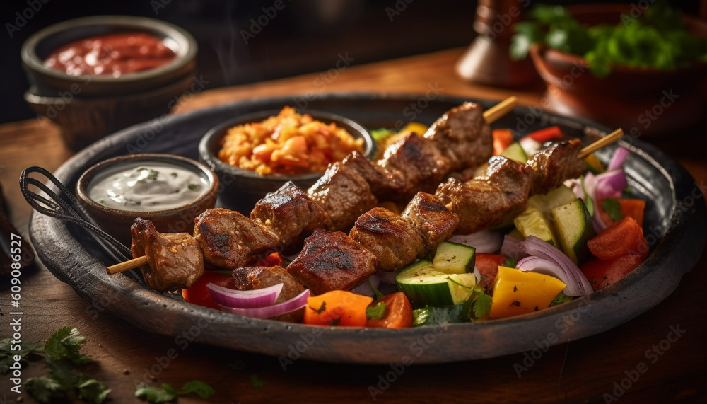Grilled beef skewers with fresh vegetables and spices generated by AI