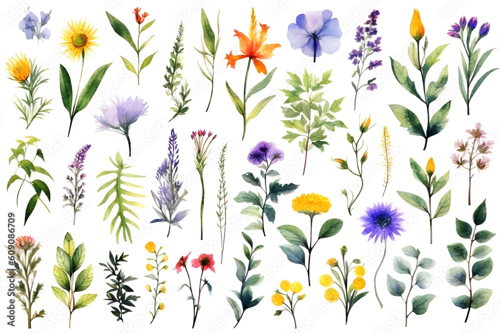 Watercolor elements - wildflowers, herbs, flowers, leaf. Garden and wild, forest herb, branches. Isolated on white background. Generative ai.