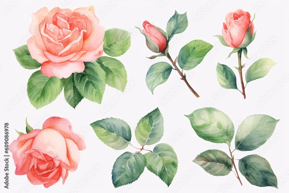 Flowers roses, branches, leaves and buds on an isolated white background, watercolor illustration, floral design. Generative Ai. Flowers roses, branches, leaves and buds on an isolated white background, watercolor illustration, floral design. Generative Ai.