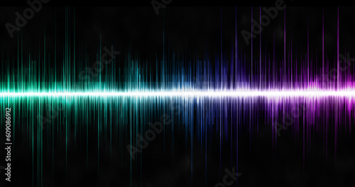abstract sound waves in green, blue and magenta on a black background © Alla 