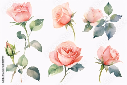 Flowers roses  branches  leaves and buds on an isolated white background  watercolor illustration  floral design. Generative Ai.