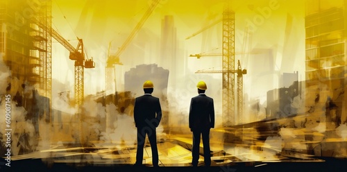 Two men in helmets look at the construction site. Generative AI