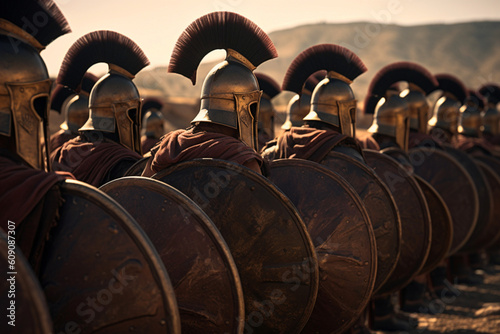Spartan warriors in battle formation, army of ancient Greek soldiers in anticipation of battle, ai generated photo