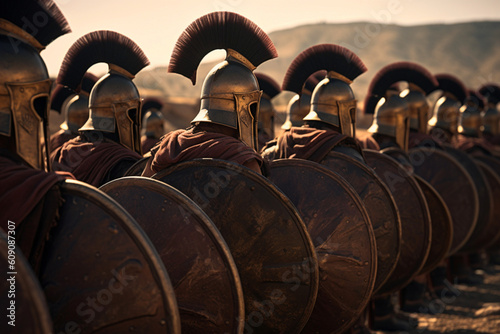 Spartan warriors in battle formation, army of ancient Greek soldiers in anticipation of battle, ai generated