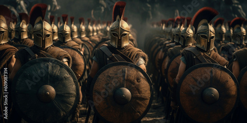 Fotografia Spartan warriors in battle formation, army of ancient Greek soldiers in anticipa