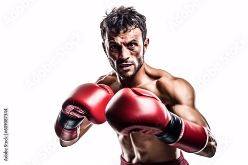 Sporty fit latin man during boxing exercise making hit. Boxer isolated on white background. Strength and motivation. Generative Ai. © ckybe