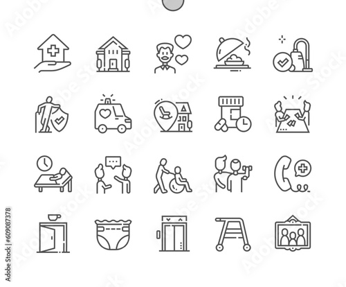 Nursing home. Elderly people. Disabled care. Ambulance, special diet, cafeteria, diaper. Pixel Perfect Vector Thin Line Icons. Simple Minimal Pictogram