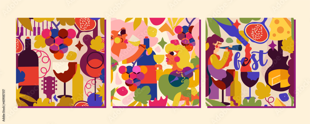 3 seamless patterns for music and wine festival. People enjoying a drink, music, fruit and cheese that go well with an aperitif, a relaxing atmosphere and, of course, lots and lots of wine.