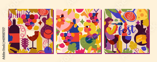 3 seamless patterns for music and wine festival. People enjoying a drink, music, fruit and cheese that go well with an aperitif, a relaxing atmosphere and, of course, lots and lots of wine.