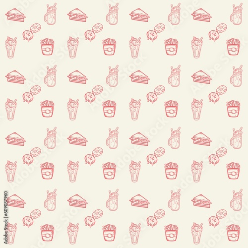 Fast food Donut, sandwish, cupcake, French fries seamless patterns illustration line art