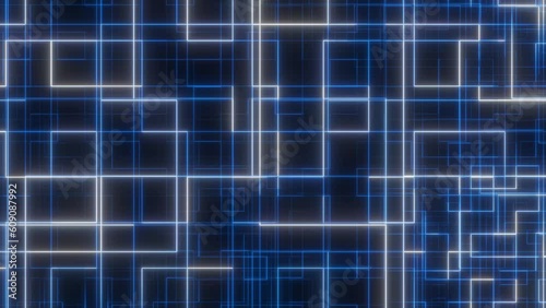 technology abstract white and blue network connection background on black background, Seamless loop of square background, technical square 