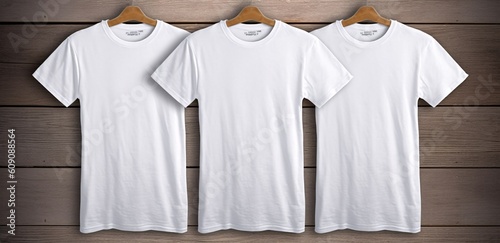 T-Shirt Mock-up set, ready for your design. Four white t-shirts on hanger. Store template. Generative ai. © ckybe