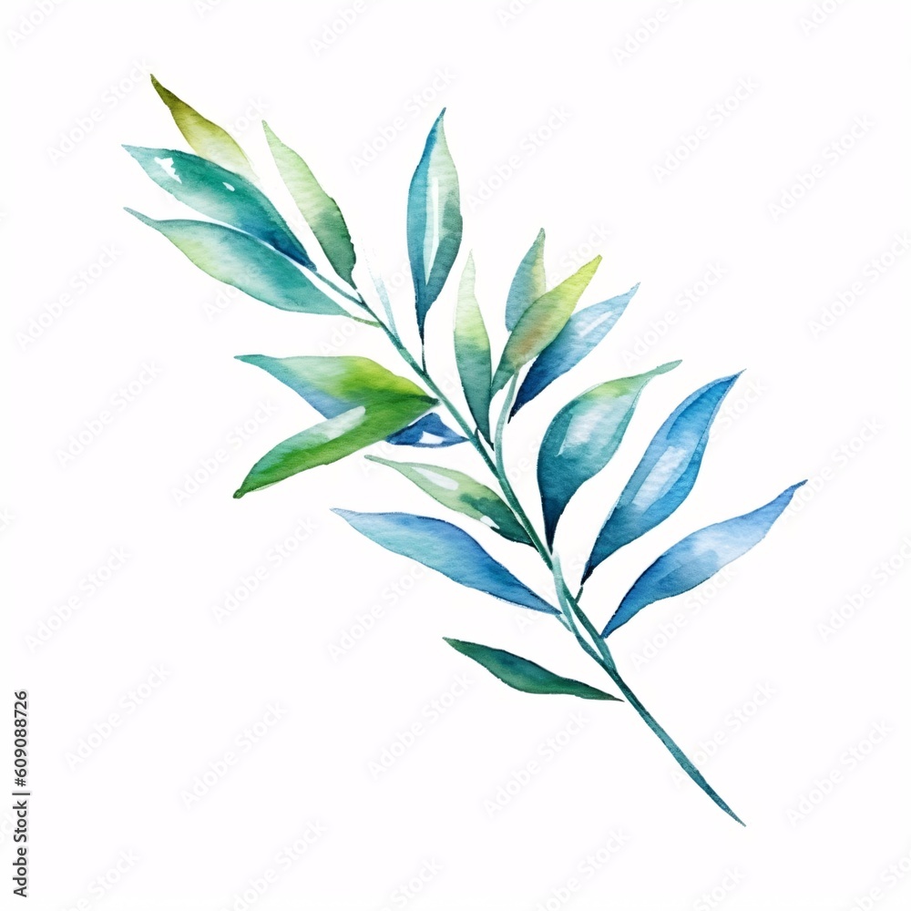 Fototapeta premium Watercolor tropical leaves on white background. Hand drawn illustration. Generative ai.