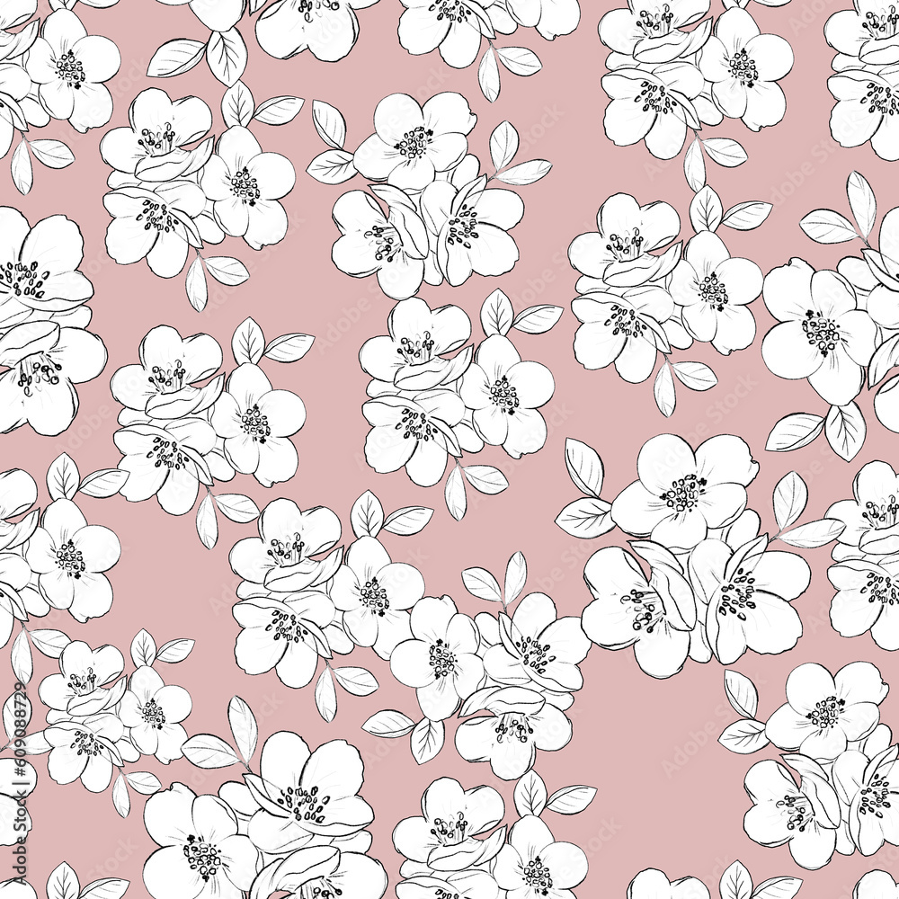 Seamless pattern blooming cherry plum branch. Ink, graphics, paper. Wrapping paper, textile, cover, infinity card.