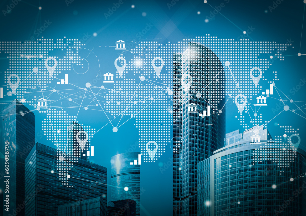World global business background. Technology connect network map on business city background. World global business background. Technology connect network map on business city background.