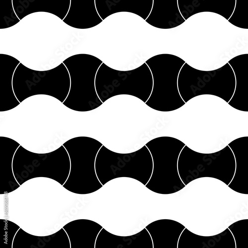 Black interlocking blocks lines on white background. Seamless surface pattern design with ethnic ornament. Apple core quilts texture. Image with hammerhead, axehead and bow shapes. Patchwork motif.