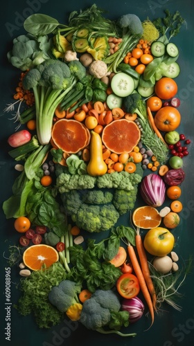 Man face portrait composed and made of vegetables and fruits  flat lay top view  food art styling. Creative food concept. 