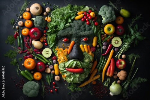 Man face portrait composed and made of vegetables and fruits, flat lay top view, food art styling. Creative food concept. 