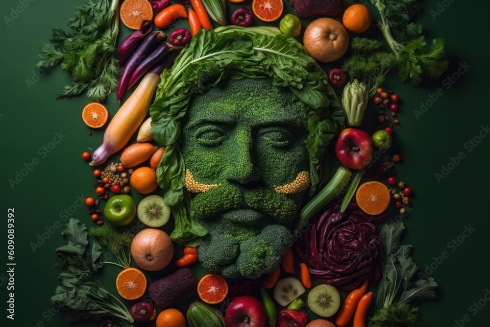 Man face portrait composed and made of vegetables and fruits, flat lay top view, food art styling. Creative food concept. Man face portrait composed and made of vegetables and fruits, flat lay top view, food art styling. Creative food concept.