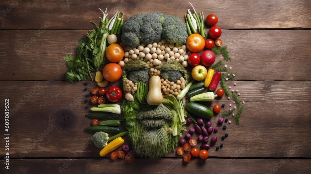Fototapeta Man face portrait composed and made of vegetables and fruits, flat lay top view, food art styling. Creative food concept.