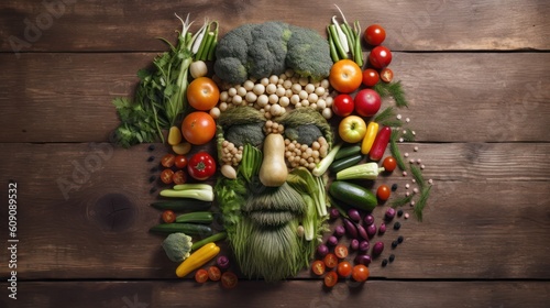 Fototapeta Man face portrait composed and made of vegetables and fruits, flat lay top view, food art styling. Creative food concept. 