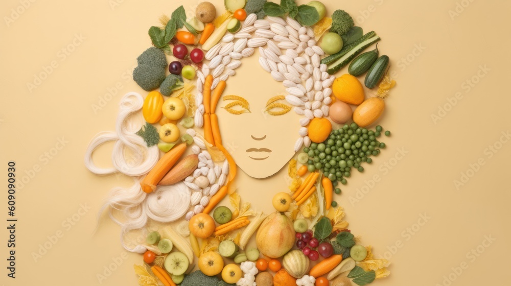 Woman face portrait composed and made of vegetables and fruits, flat lay top view, food art styling. Creative food concept. Woman face portrait composed and made of vegetables and fruits, flat lay top view, food art styling. Creative food concept.
