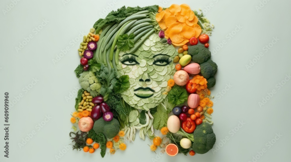 Woman face portrait composed and made of vegetables and fruits, flat lay top view, food art styling. Creative food concept. 