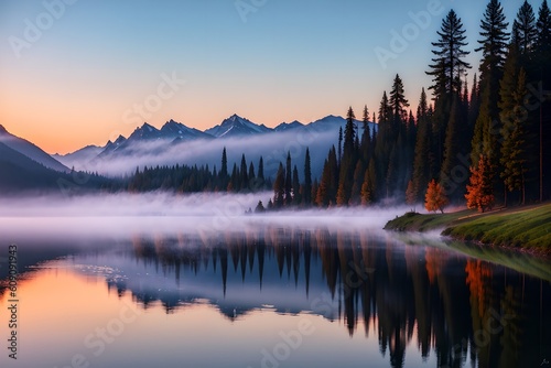 Quiet lake before dawn in the mist. Serenity