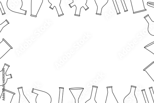 Laboratory glassware outline banner. Chemical lab measuring equipment. Conical flask, glass beaker, round bottom flask, filter funnel, microscope.