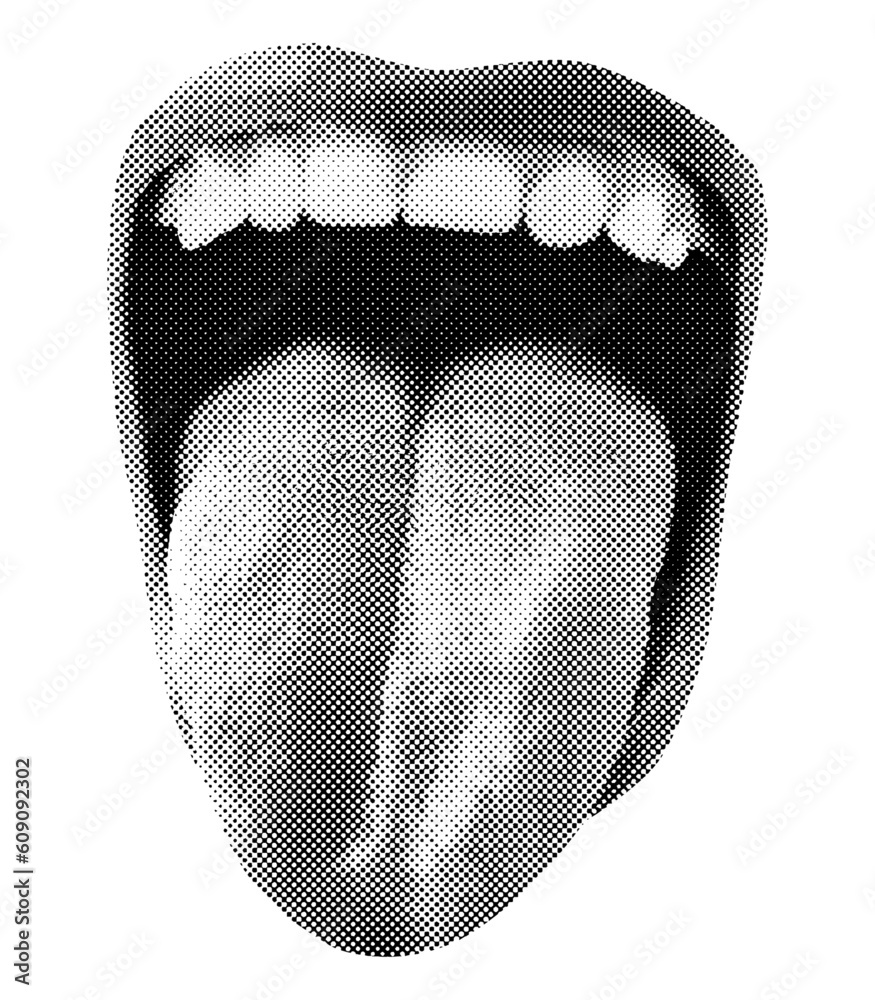 Obraz na plátně mouth open with teeth and tongue out isolated halftone black white dots texture