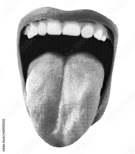 mouth open with teeth and tongue out isolated halftone black white dots texture pop art style collage element for mixed media design
