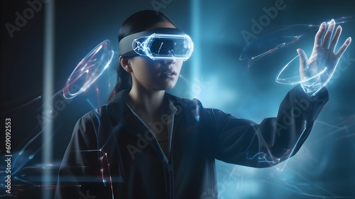 Futuristic women augmented reality experience dynamic person wearing augmented reality glasses Generated AI