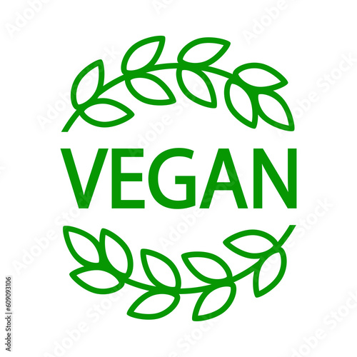 Vegan. Plant based vegeterian food product label. Green stamp. Logo or icon. Diet. Sticker