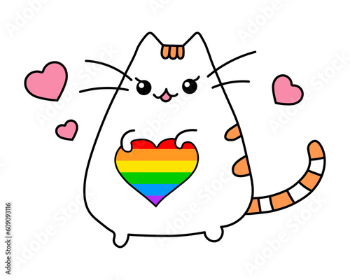 Happy pride month. Kawaii cat with rainbow heart