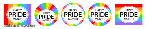 Happy pride month. Set of rainbow icons. Love is love, rainbow flag, lgbt pride. June 2023. Heart-shaped and round logos. Human rights and tolerance