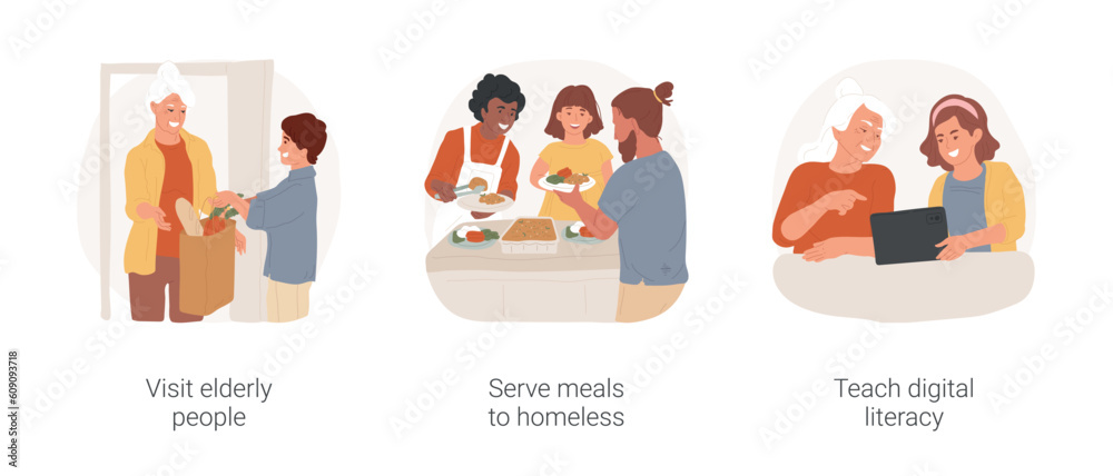 Fototapeta premium Volunteering experience isolated cartoon vector illustration set. Visit elderly people, teen deliver groceries to senior person, serve meals to homeless, teach digital literacy vector cartoon.