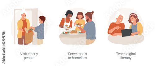 Volunteering experience isolated cartoon vector illustration set. Visit elderly people, teen deliver groceries to senior person, serve meals to homeless, teach digital literacy vector cartoon.