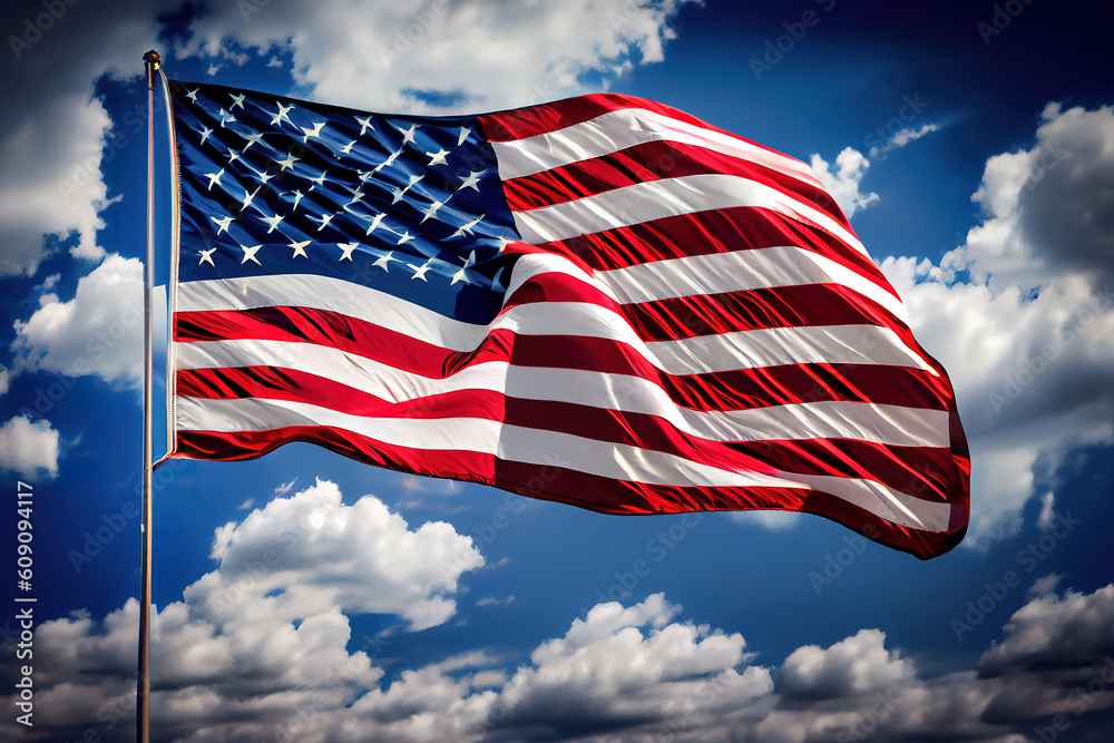American Flag Against Blue Sky. Generative Ai