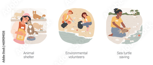 Volunteering job isolated cartoon vector illustration set. Teenager helping in animal shelter, environmental volunteer, trash picking, save sea turtle, wildlife conservation project vector cartoon.