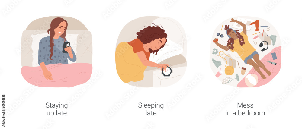 Teen typical bad habits isolated cartoon vector illustration set. Staying up late with gadget, teenager sleeping late in the morning, teen making mess in bedroom, careless attitude vector cartoon.